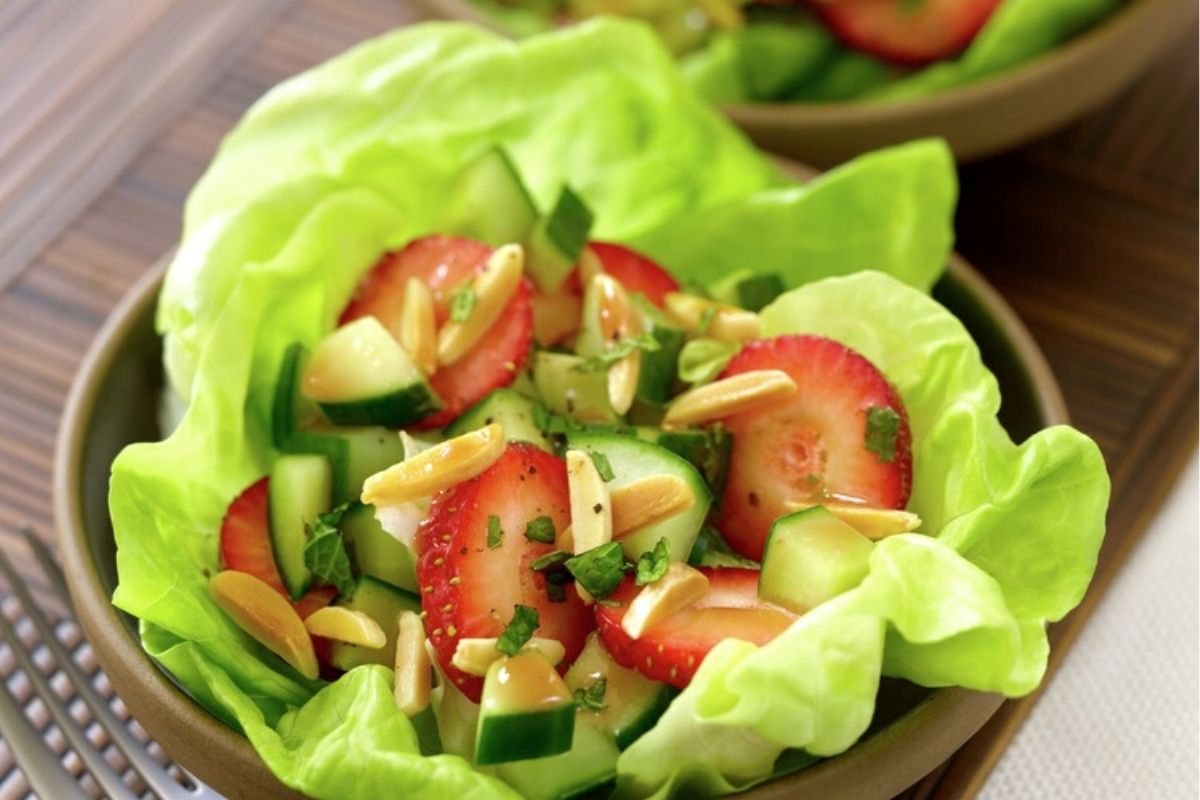 Strawberry, Cucumber and Almond Salad in Lettuce Cups
