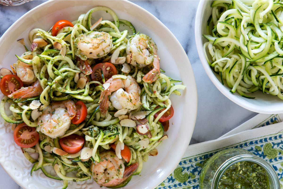Zucchini Noodles And Grilled Shrimp With Almond Lemon Basil Dressing 