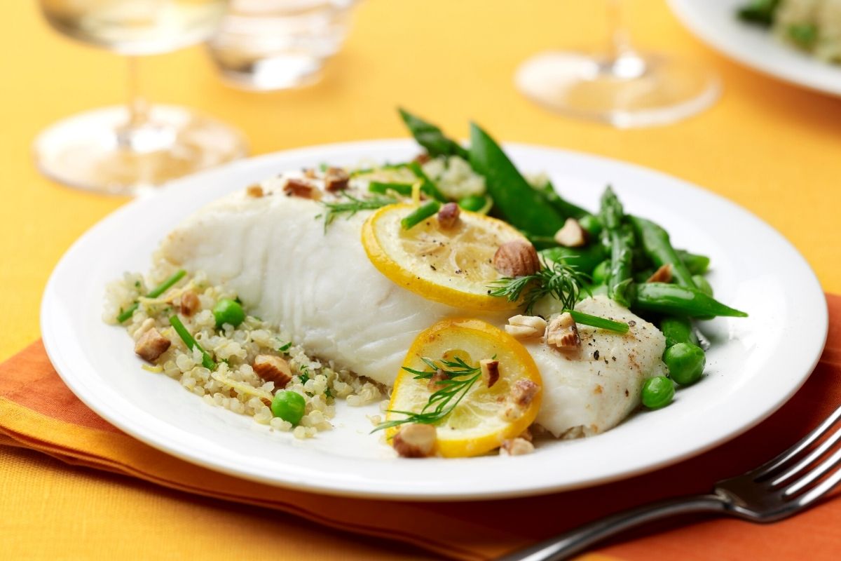 Lemon Roasted Halibut with Quinoa, Almonds and Spring Vegetables