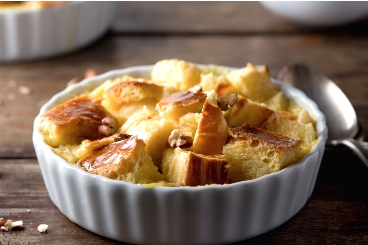 Sweet Date and Almond Bread Pudding with Amaretto Zabaglione