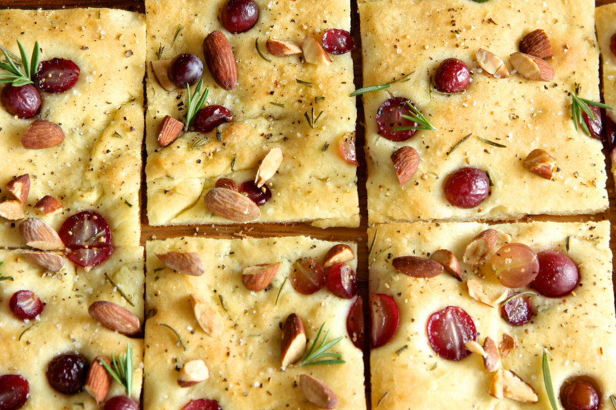 Roasted Almond Focaccia With Grapes And Rosemary