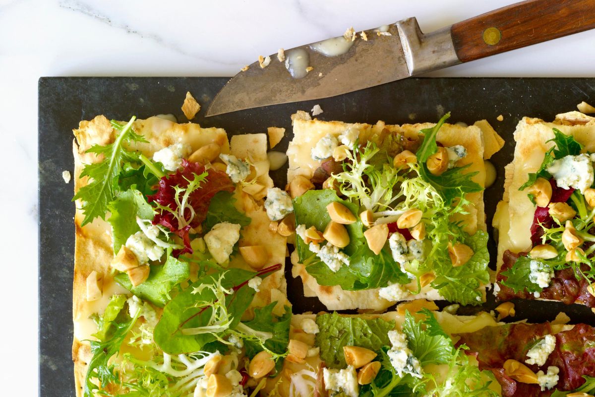 Lavash Pizza with a Salad of Greens, Gorgonzola and Toasted Almonds