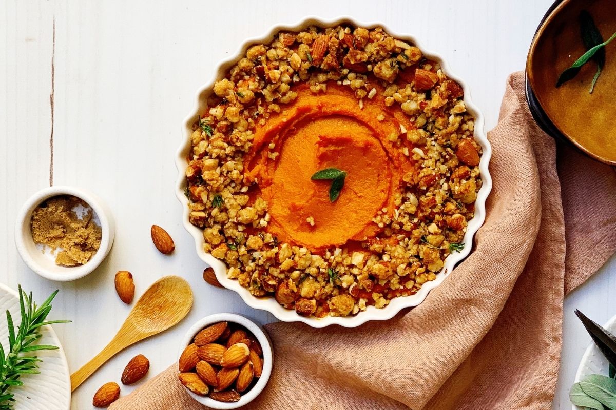 Sweet Potato Soufflé with Herb and Almond Streusel Topping